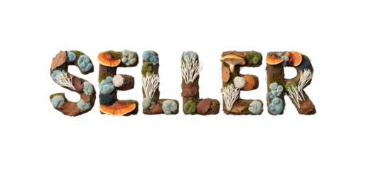 キノコで作られた単語「売り手」カラフルな装飾