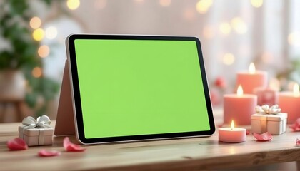 Valentine&rsquo;s Day Tablet Mockup with Green Screen, Romantic Roses and Candle Background