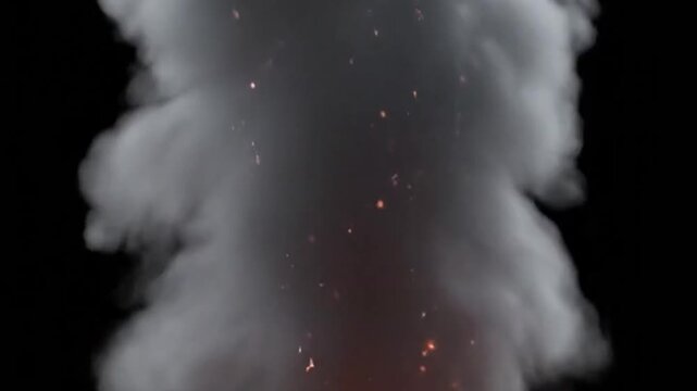 Towering smoke and embers against dark abyss