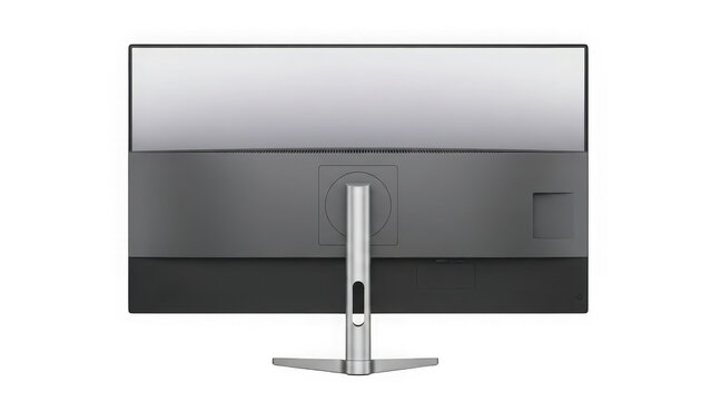 computer monitor from behind with silver stand and base