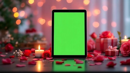 Valentine&rsquo;s Day Tablet Mockup with Green Screen, Romantic Roses and Candle Background