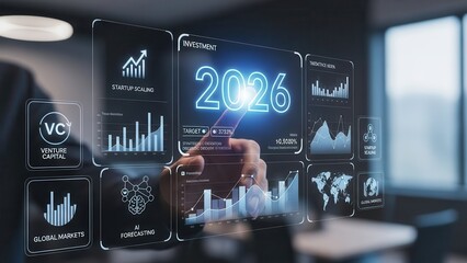 Business professional interacting with futuristic holographic interface displaying financial data and projections for 2026.