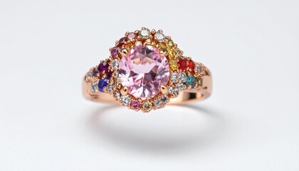 An ornate rose gold ring with a pink gem and colorful stones