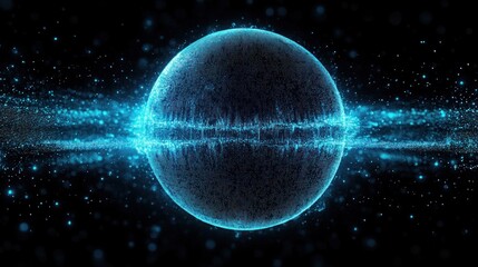 Glowing digital blue sphere of particles with a horizontal luminous waveform ring, futuristic holographic data orb evoking awe and mystery