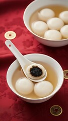 Tang Yuan Ginger Soup Flat Lay Vertical with Sesame Filling, Chinese New Year Dessert on Red Plum Blossom Background