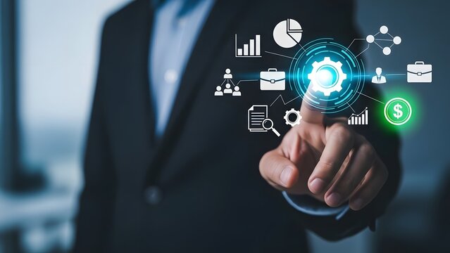 Businessman using a digital interface for process automation and financial management - Powered by Adobe