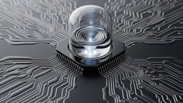 futuristic Quantum Computer Chip with Liquid Vortex Inside Glass Dome