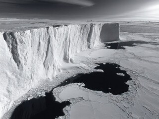 Towering ice cliff and fractured sea ice with dark open water leads across a stark polar shelf, evoking isolation, cold and dramatic awe