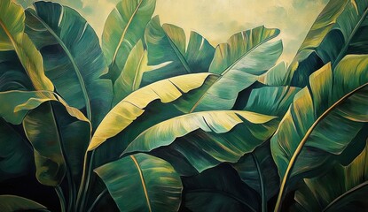 overlapping large tropical banana leaves with painterly brushstrokes and vibrant green foliage evoking calm lush serenity