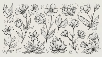 Collection of Hand Drawn Botanical Illustrations of Various Flowers and Leaves.