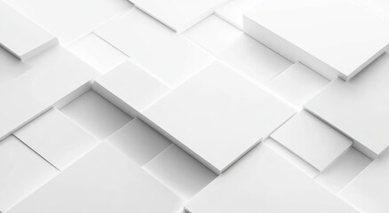 stacked white three-dimensional squares and rectangles forming a layered minimal geometric pattern with soft shadows and a calm modern feel