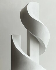 minimalist white concrete sculpture of spiral ribbons wrapping two tall rectangular pillars, elegant and serene geometric forms in soft light