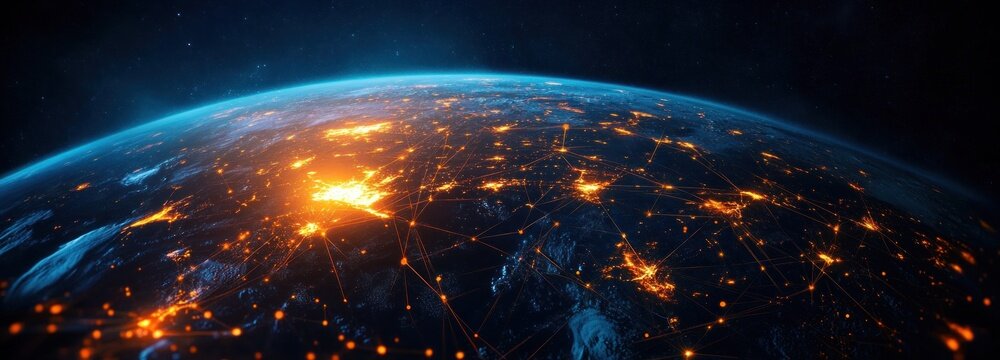 view of the night side of earth from space with glowing city lights connected by orange lines and nodes, blue atmosphere rim and stars, evoking global connectivity and awe - Powered by Adobe