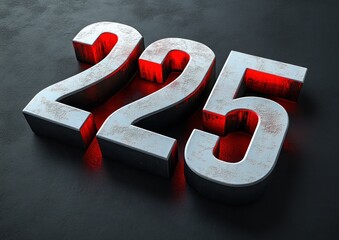 Bold weathered metallic numbers 225 with glowing red inner light on dark textured surface, dramatic intense mood
