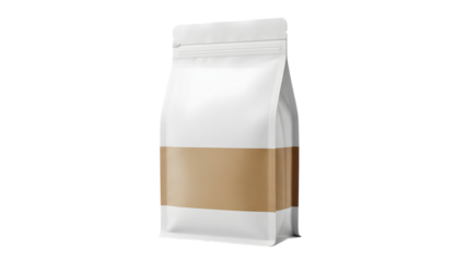 White stand-up pouch with brown stripes isolated on transparent background