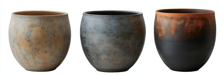 Three rounded ceramic planters in beige, gray and black with copper patina and textured rustic finishes on white background, minimalist serene arrangement