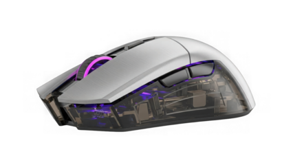 silver gaming computer mouse with purple light