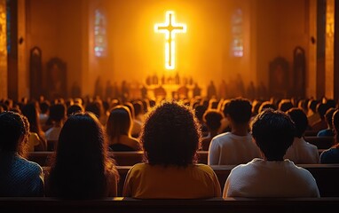 Diverse congregation seated in wooden pews facing a glowing illuminated cross above the altar in a warm golden church interior, silhouettes and reverent atmosphere