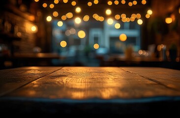 warm empty wooden table in foreground with glowing string lights and blurred cozy cafe interior creating an intimate inviting evening atmosphere