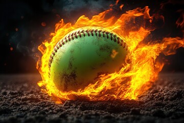 neon green softball engulfed in roaring flames on dusty infield with smoke and embers, dramatic fiery motion and fierce intensity