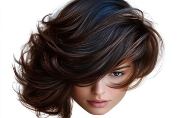 voluminous wavy brown hair with subtle chestnut highlights on a white background conveying movement, elegance and confident style