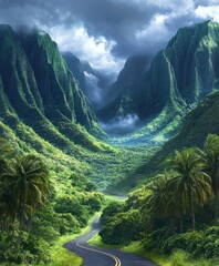 winding road through lush tropical valley between towering misty green mountains under dramatic clouds, tranquil and awe-filled atmosphere