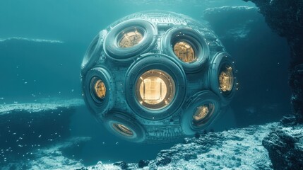 Glowing spherical underwater habitat with multiple circular portholes hovering above rocky ocean floor with small fish, evoking mysterious awe and serene isolation