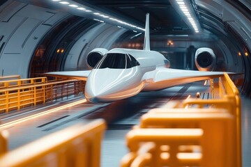 Sleek white private jet parked inside a futuristic tunnel hangar with glowing orange railings, dramatic overhead lights and reflective floor, evoking anticipation and high-tech luxury