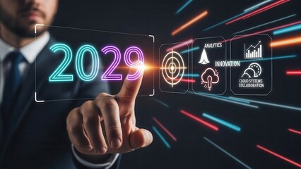 Professional touching a virtual 2029 on a screen, planning future business strategy with innovation, analytics, cloud systems, and collaboration.