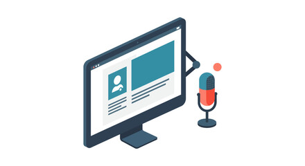 podcast recording setup with desktop computer screen and microphone flat vector illustration for online streaming and digital content