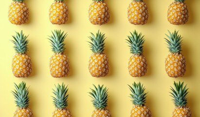 neatly arranged ripe pineapples with green crowns in a repeating grid on a bright yellow background, evoking a cheerful playful summer mood