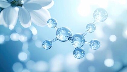 Abstract molecular structure floating near white flower petals on blue background
