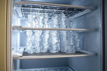 inside a refrigerator freezer with rows of frosty icicle columns hanging from metal shelves, cold and eerie frozen stillness
