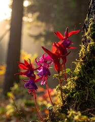 Vibrant flowers by forest trunk at sunrise