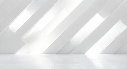 Minimal white interior with diagonal angled wall panels and rectangular openings casting soft light and shadows across a bright tiled floor, calm and serene atmosphere