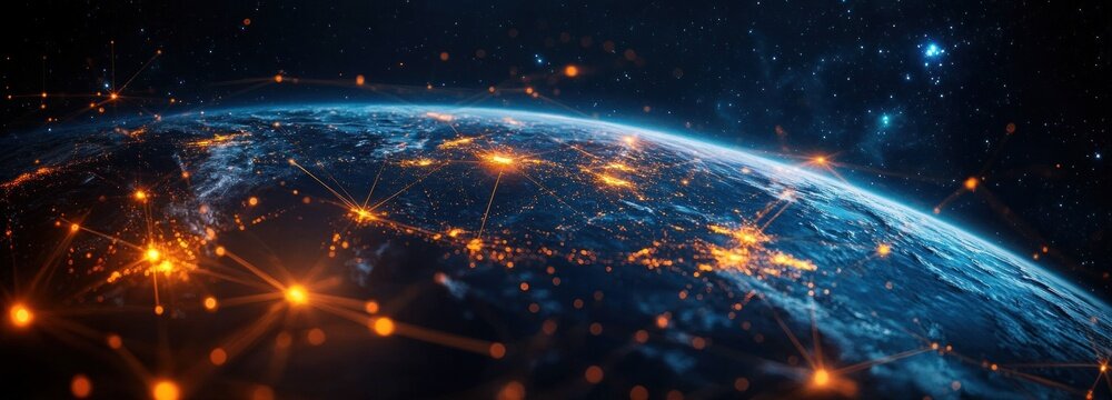 Glowing orange network of connection nodes linking illuminated city lights across the curved blue Earth under a starry space sky, evoking awe and global connectivity - Powered by Adobe