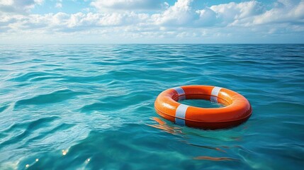 Orange lifebuoy ring floating alone on calm turquoise ocean under a bright cloudy sky, evoking solitude, hope and peaceful stillness