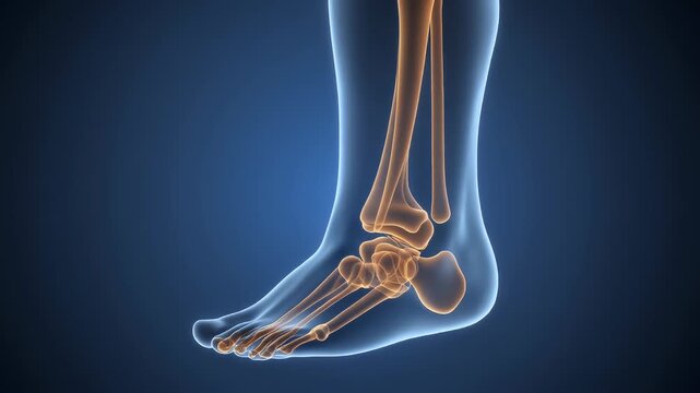 Close-up of Human Foot and Ankle Bones with Translucent Skin and Blue Gradient Background