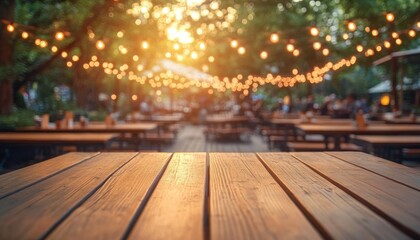 sunlit wooden table in an outdoor dining area with glowing string lights, rows of picnic tables and trees, warm cozy inviting evening atmosphere