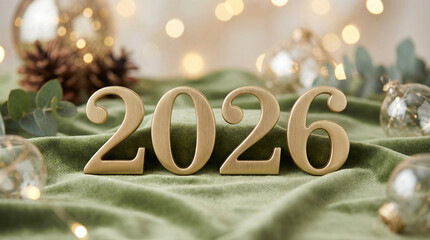 Elegant 2026 New Year Decoration with Ornaments and Green Velvet Background