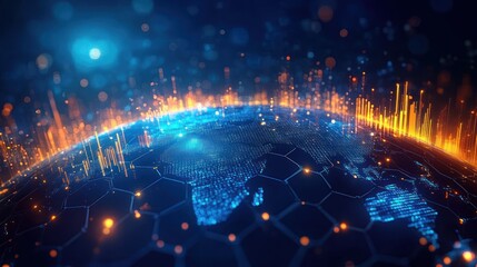 Futuristic digital globe with hexagonal network overlay, glowing blue continents and orange vertical data spikes conveying dynamic interconnected energy