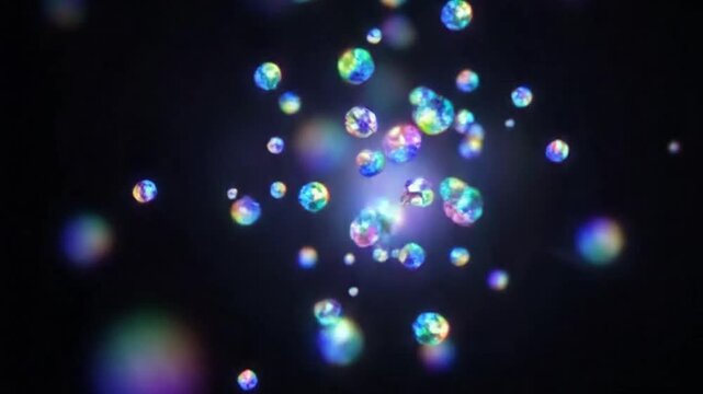 Iridescent orbs float in dark void