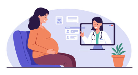 Expectant mother having a virtual consultation with a doctor on a computer screen