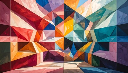 Vibrant, geometric mural, interlocking shapes