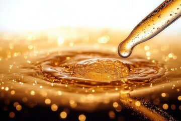 close-up of a golden droplet falling from a glass dropper into a shimmering liquid pool, creating ripples and a glowing splash with warm bokeh highlights, evoking luxury and calm