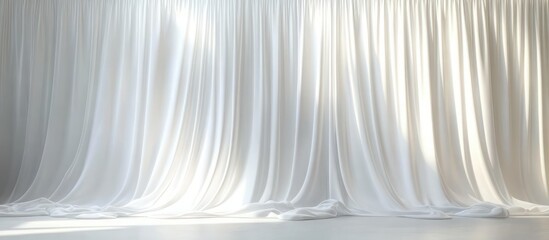 expansive white draped curtains with soft flowing folds and gentle sunlight pooling on a smooth floor, evoking a serene and airy minimalist mood