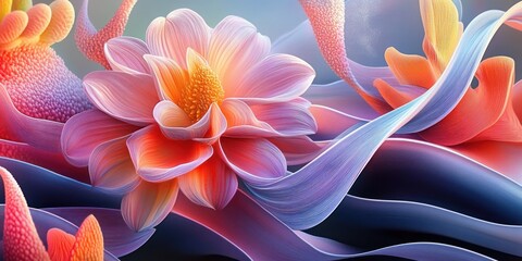 Dreamy layered pink and orange flower with glowing yellow stamen, flowing silk ribbons, textured coral forms and undulating waves conveying serene elegant motion