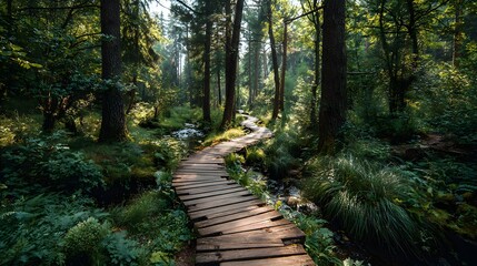 Obraz premium Winding wooden boardwalk path leads through lush green sunlit forest where tall trees cast shadows creating peaceful tranquil atmosphere.