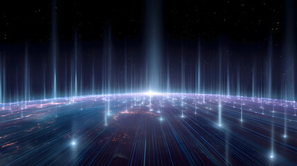 Global Network Data Flow Visualization: A stunning visual representation of a globe encircled by energetic beams of light, illuminating the intricate connections of global network data.