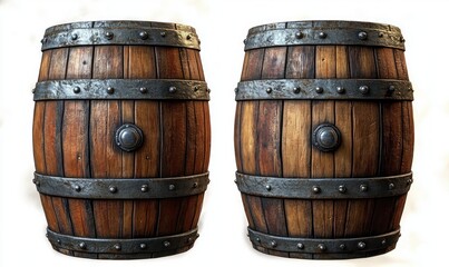 Obraz premium Two weathered wooden barrels with iron hoops and rivets, detailed oak staves and central bungs, rustic sturdy vintage charm on a clean white background